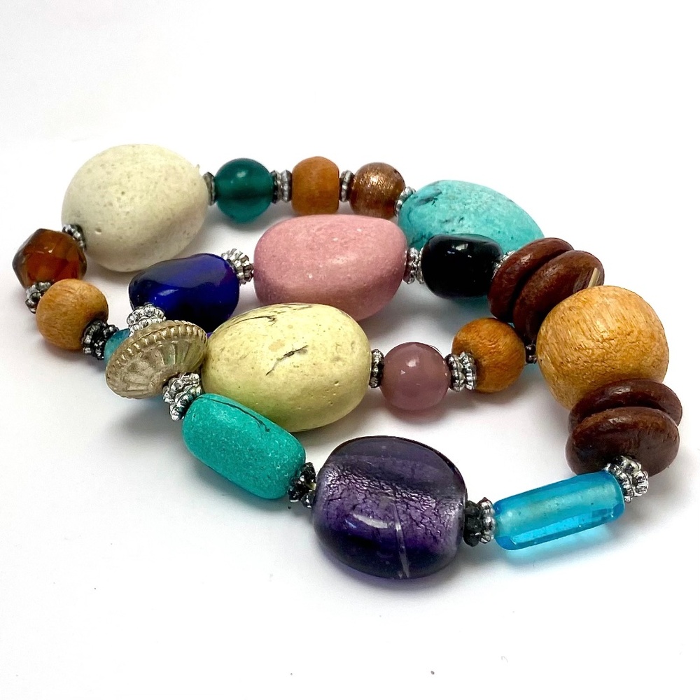 Two (2) Glass, Stone & Wood Bead Stretch Bracelets Boho Unique Made In India